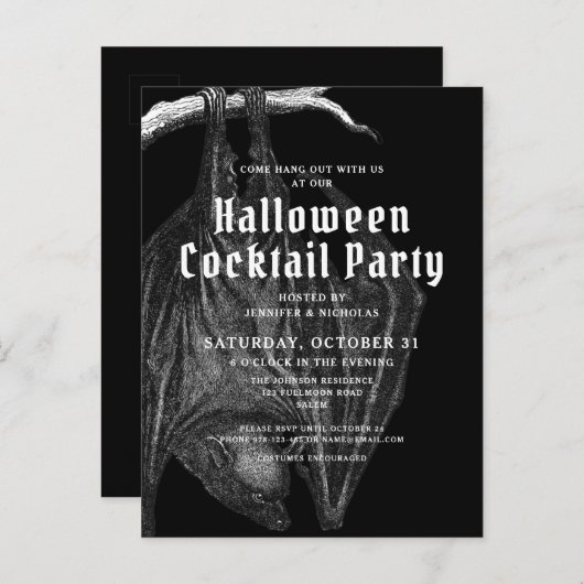 Gothic Bats Halloween Cocktail Party Invitation Briefkaart (Voorkant / Achterkant)