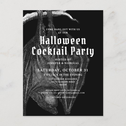 Gothic Bats Halloween Cocktail Party Invitation Briefkaart (Voorkant)