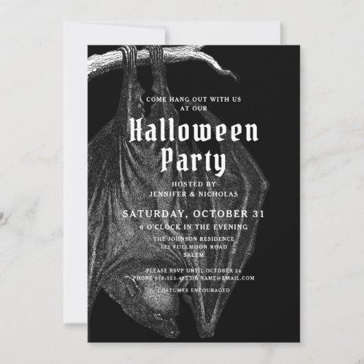 Gothic  Bats Halloween Party Invitation Kaart (Voorkant)