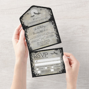 Gothic Bats MENU Elegant Halloween Wedding All In One Uitnodiging