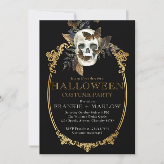 Gothic Black and Gold Skull Adult Halloween Party Kaart (Voorkant)