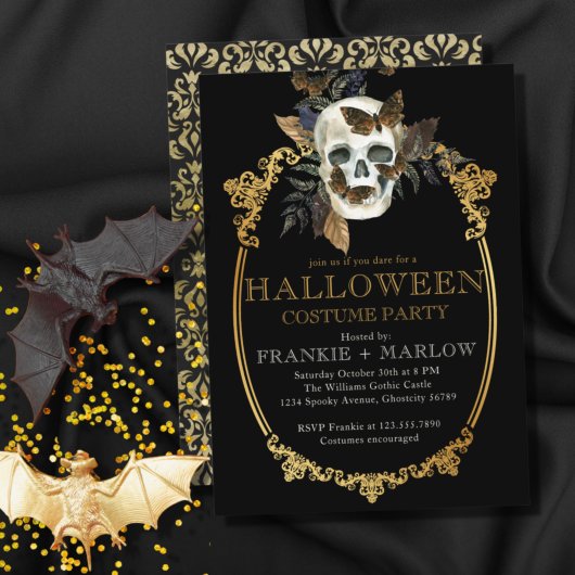 Gothic Black and Gold Skull Adult Halloween Party Kaart