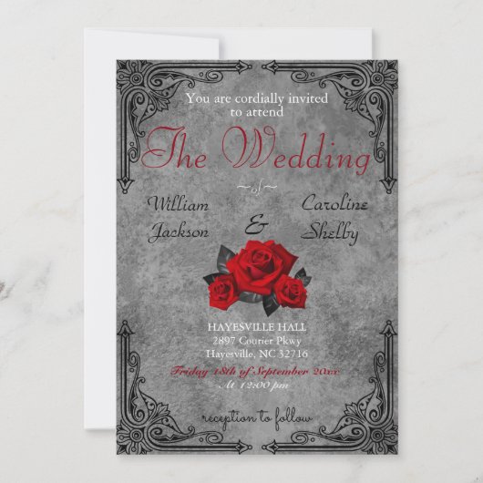 Gothic Black and White Rose Wedding Invitation Kaart (Voorkant)