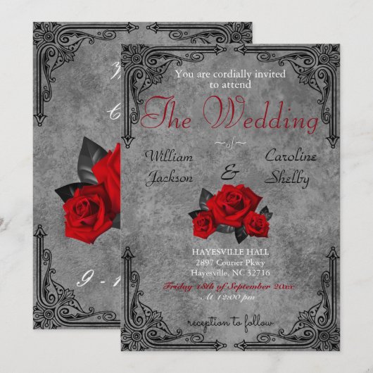 Gothic Black and White Rose Wedding Invitation Kaart (Voorkant / Achterkant)