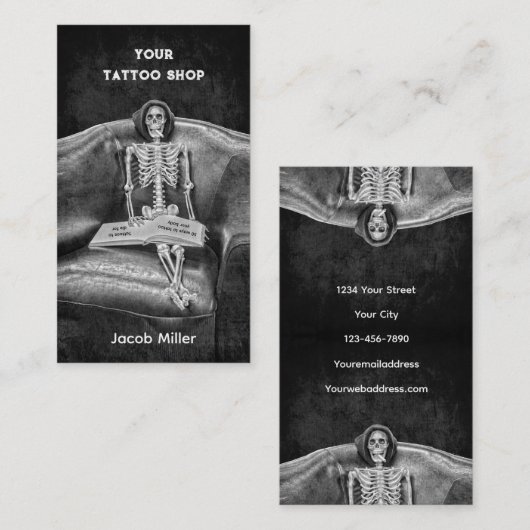 Gothic Black and White Skeleton Tattoo Shop Visitekaartje (Voorkant / Achterkant)