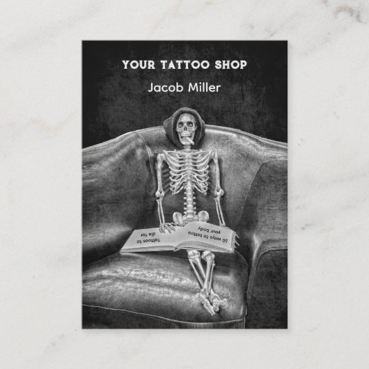 Gothic Black and White Skeleton Tattoo Shop Visitekaartje (Voorkant)