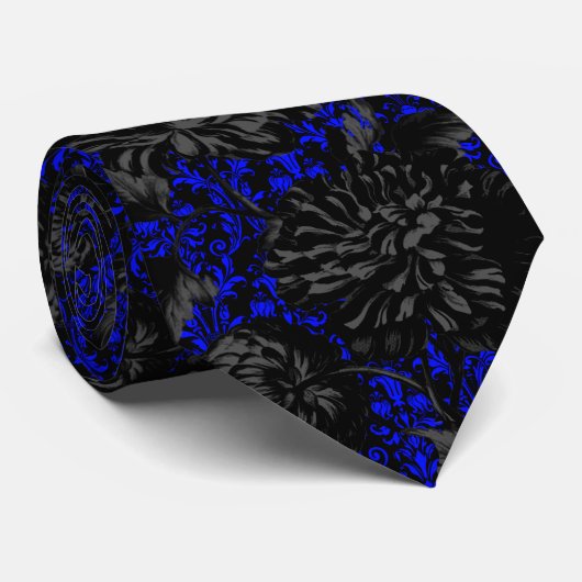 Gothic Black & Blue Damask Floral Wedding Stropdas (Opgerold)
