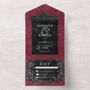 Gothic Black Border 6 & Zwarte Rozen Wijn Geen Din All In One Uitnodiging