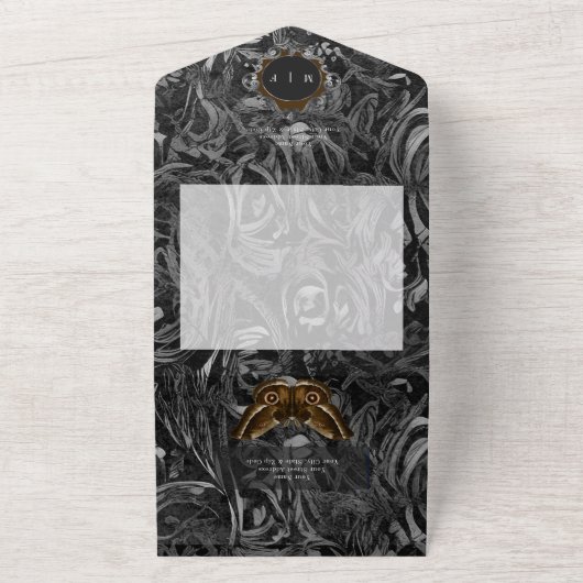 Gothic Black Brown Filigree Moth Dinner Wedding All In One Uitnodiging (Buitenkant)