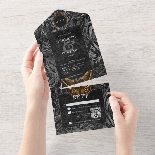 Gothic Black Brown Filigree Moth Dinner Wedding All In One Uitnodiging (Afscheurbaar)