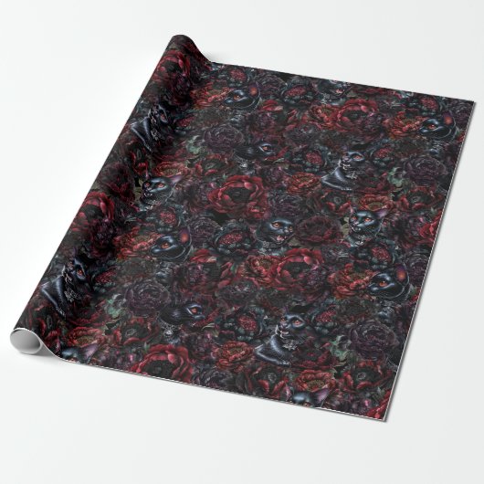 Gothic Black Cat & Dark Flowers Pattern Cadeaupapier (Uitgerold)
