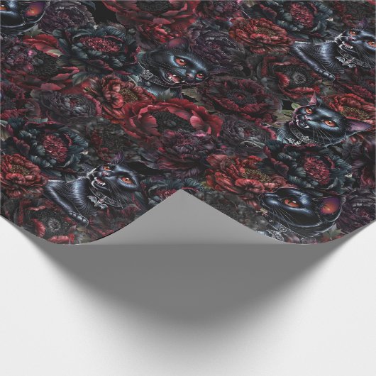 Gothic Black Cat & Dark Flowers Pattern Cadeaupapier (Hoek)