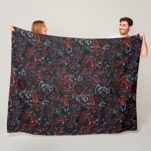 Gothic Black Cat & Dark Flowers Pattern  Fleece Deken (In situ)