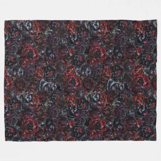 Gothic Black Cat & Dark Flowers Pattern  Fleece Deken (Voorkant (Horizontaal))
