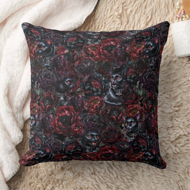 Gothic Black Cat & Dark Flowers Pattern Kussen (Deken)