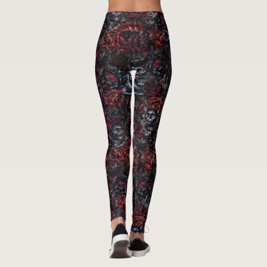 Gothic Black Cat & Dark Flowers Pattern Leggings (Achterkant)