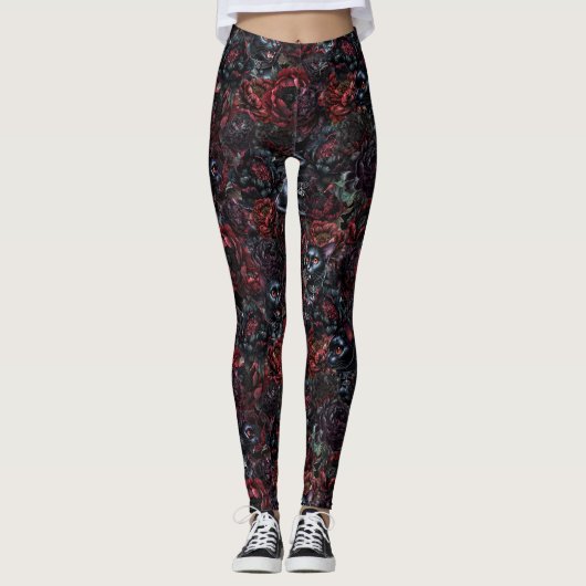 Gothic Black Cat & Dark Flowers Pattern Leggings (Voorkant)