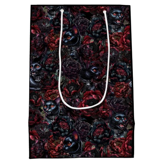 Gothic Black Cat & Dark Flowers Pattern Medium Cadeauzakje (Achterkant)