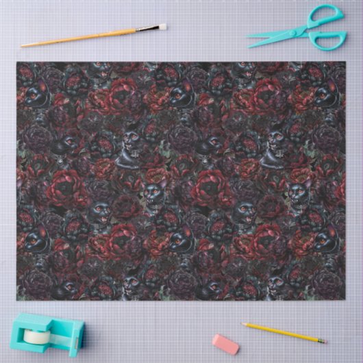 Gothic Black Cat & Dark Flowers Pattern Tissuepapier (Craft)
