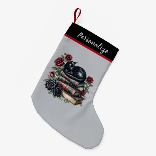 Gothic Black Cat on Books Red Roses Christmas Kleine Kerstsok (Voorkant (Hangend))