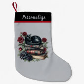 Gothic Black Cat on Books Red Roses Christmas Kleine Kerstsok (Voorkant)