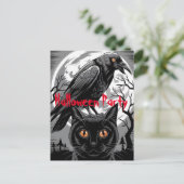 Gothic Black Crow & Cat Spooky Halloween Party Briefkaart (Staand voorkant)