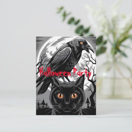 Gothic Black Crow & Cat Spooky Halloween Party Briefkaart (Staand voorkant)
