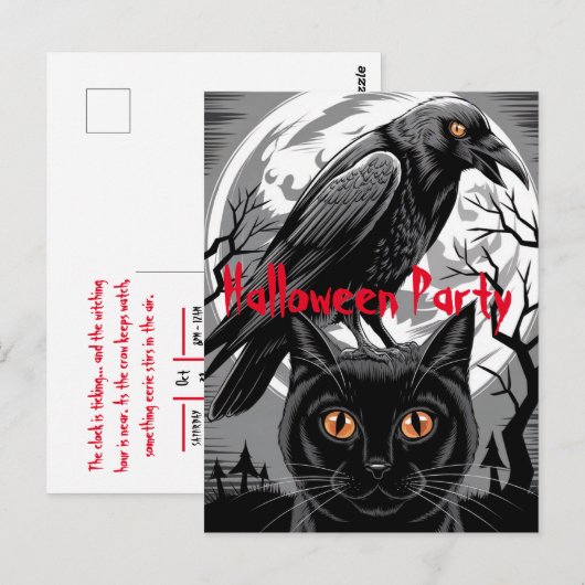 Gothic Black Crow & Cat Spooky Halloween Party Briefkaart (Voorkant / Achterkant)