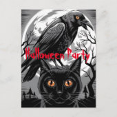 Gothic Black Crow & Cat Spooky Halloween Party Briefkaart (Voorkant)