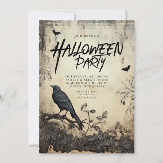 Gothic Black Crow Halloween Feestuitnodiging Kaart (Voorkant)