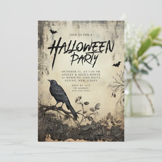 Gothic Black Crow Halloween Feestuitnodiging Kaart (Staand voorkant)
