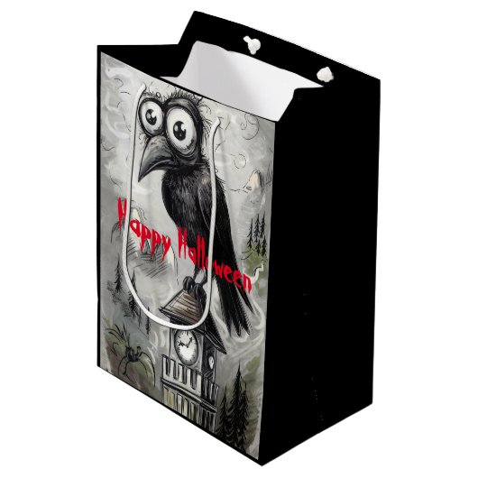 Gothic Black Crow & Tower Spooky Halloween Medium Cadeauzakje (Voorkant Gekanteld)