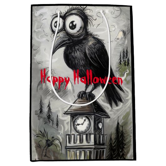 Gothic Black Crow & Tower Spooky Halloween Medium Cadeauzakje (Voorkant)