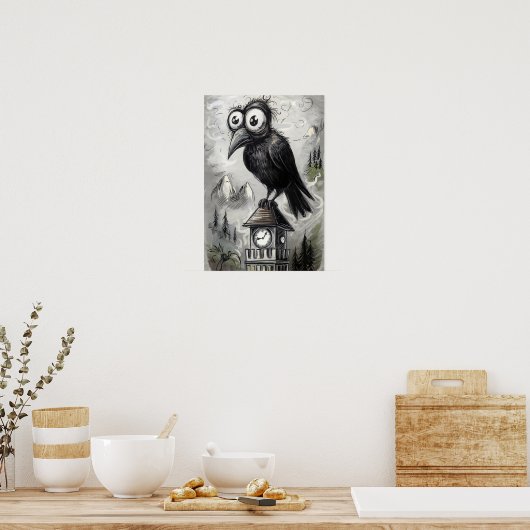 Gothic Black Crow & Tower Spooky Halloween Poster (Keuken)
