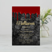 Gothic Black Damask Blood Drip Halloween Gold Folie Uitnodiging (Staand Voorkant)