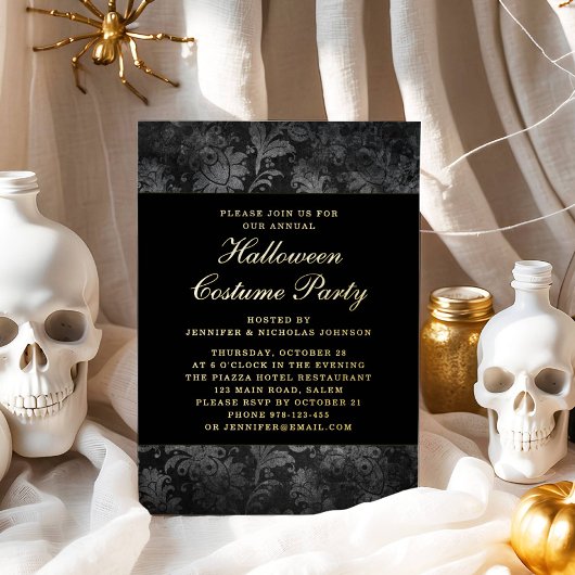 Gothic Black Damask Halloween Costume Gold Folie Uitnodiging