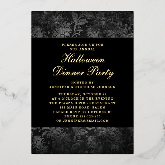 Gothic Black Damask Halloween Dinner Gold Foil Folie Uitnodiging (Voorkant)
