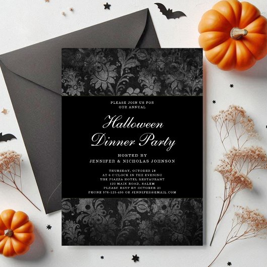 Gothic Black Damask Halloween Dinner Party Kaart