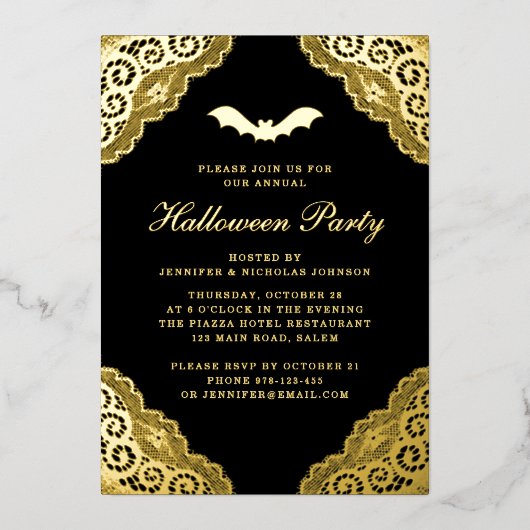 Gothic Black Damask Halloween Party Gold Foil Invi Folie Uitnodiging (Voorkant)