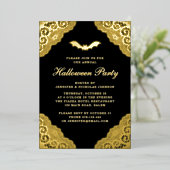 Gothic Black Damask Halloween Party Gold Foil Invi Folie Uitnodiging (Staand Voorkant)