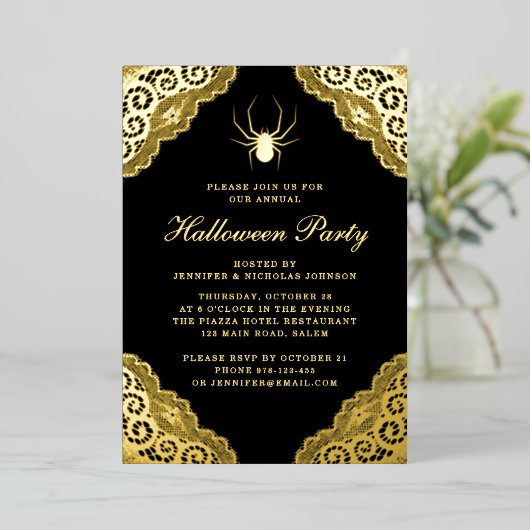 Gothic Black Damask Halloween Party Gold Foil Invi Folie Uitnodiging (Staand Voorkant)