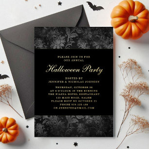 Gothic Black Damask Halloween Party Gold Folie Uitnodiging