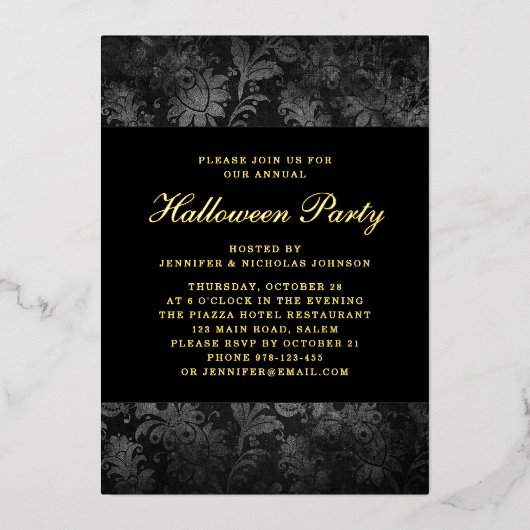 Gothic Black Damask Halloween Party Gold Folie Uitnodiging (Voorkant)