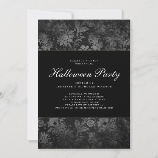 Gothic Black Damask Halloween Party Invitation Kaart (Voorkant)