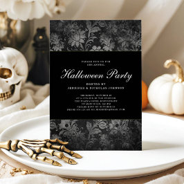 Gothic Black Damask Halloween Party Invitation Kaart
