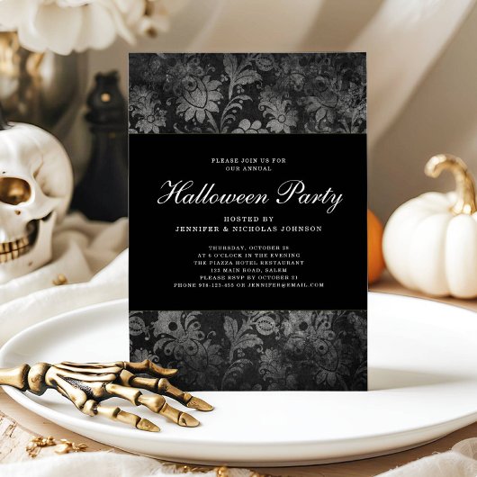 Gothic Black Damask Halloween Party Invitation Kaart