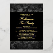 Gothic Black Damask Halloween Tea Party Gold Folie Uitnodiging (Voorkant)