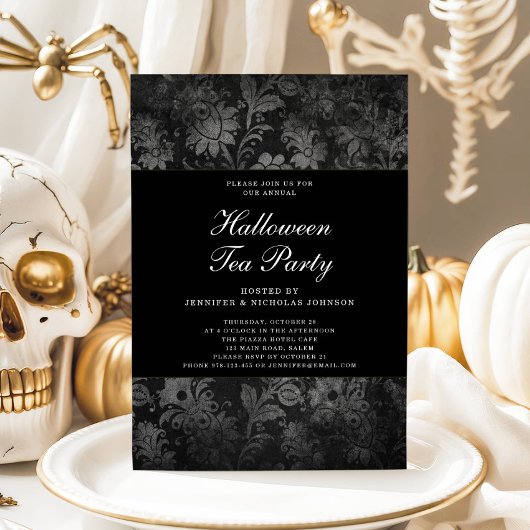 Gothic Black Damask Halloween Tea Party Kaart