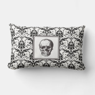 Gothic Black Damask Patroon Schedel Halloween Buitenkussen