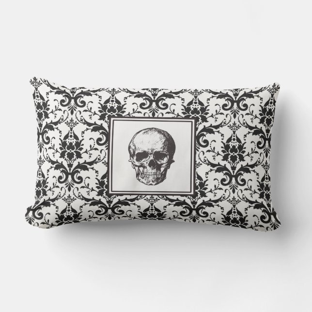 Gothic Black Damask Patroon Schedel Halloween Buitenkussen (Voorkant)